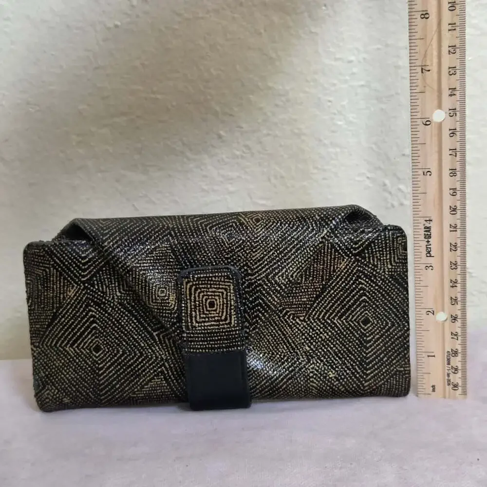 Hiroko Hayashi Black and Gold Geometric Genuine Leather Wallet Clutch